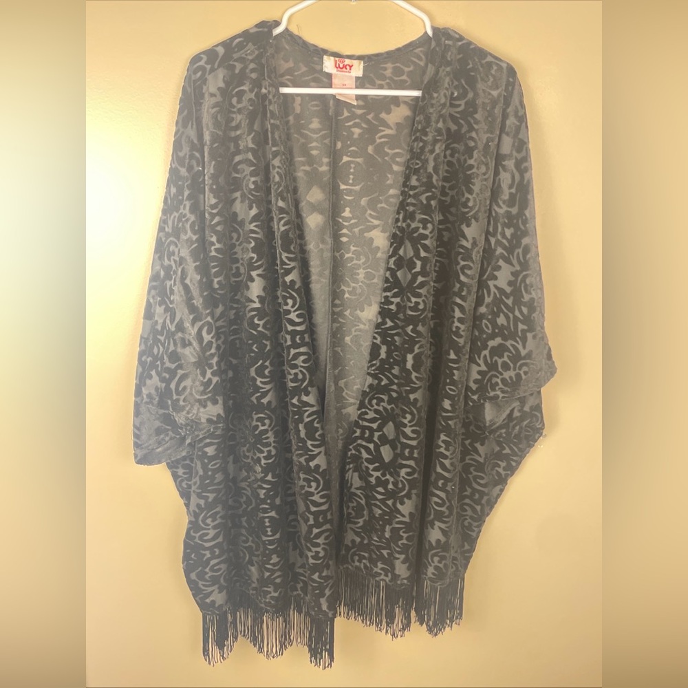 Women’s Velvet Satin Black Embroidered Kimono Poncho Shawl with Fringe Plus 3X